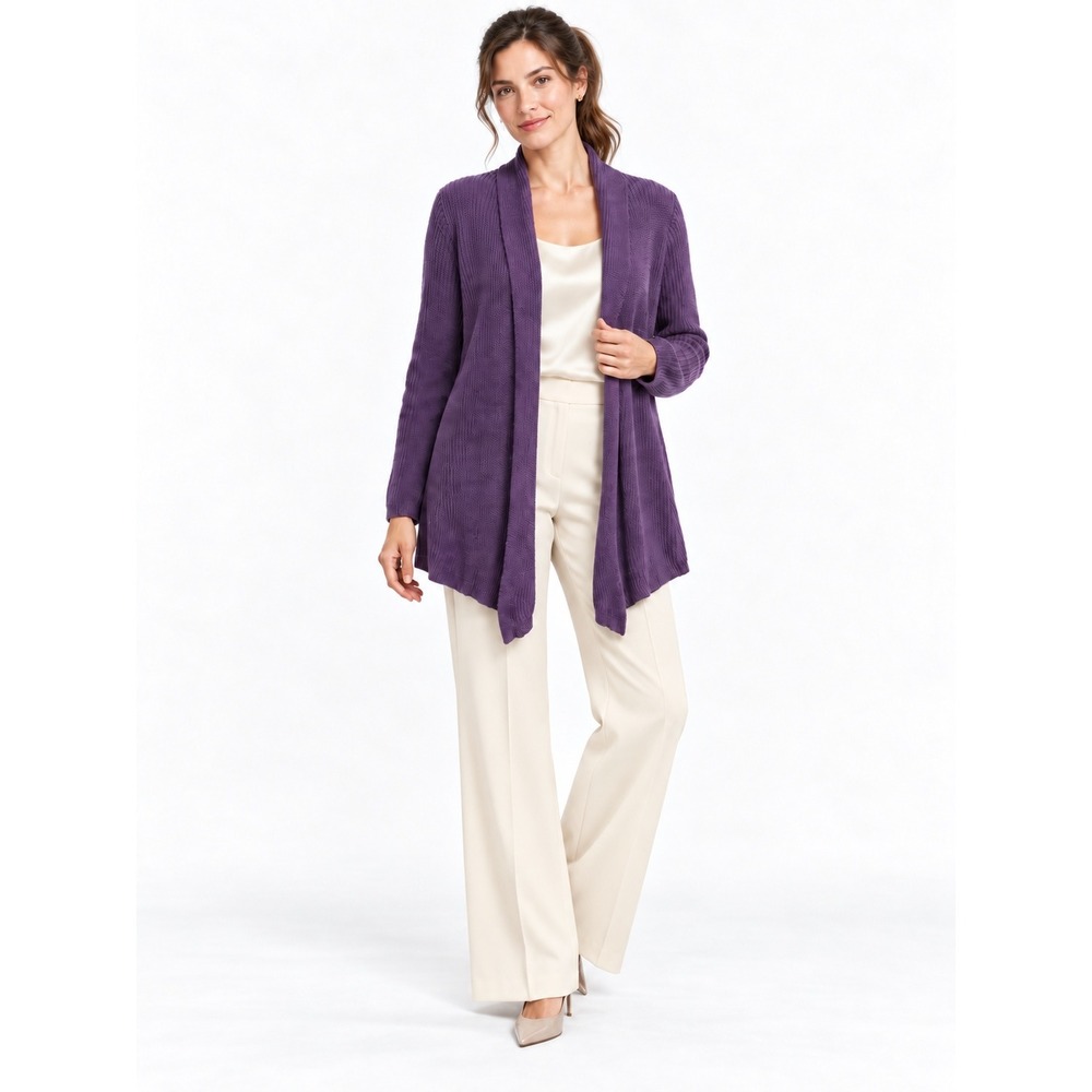 New York & Company Cardigan Small Purple Open Front Ribbed Knit Longline Sweater